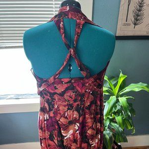 Vintage 90s Red Brown Floral Low Criss-Cross Back Sleeveless Button-Up Dress